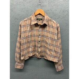 Peter Scott Plaid Flannel Shirt Women LL Beige Brown Wool Blend Button Front